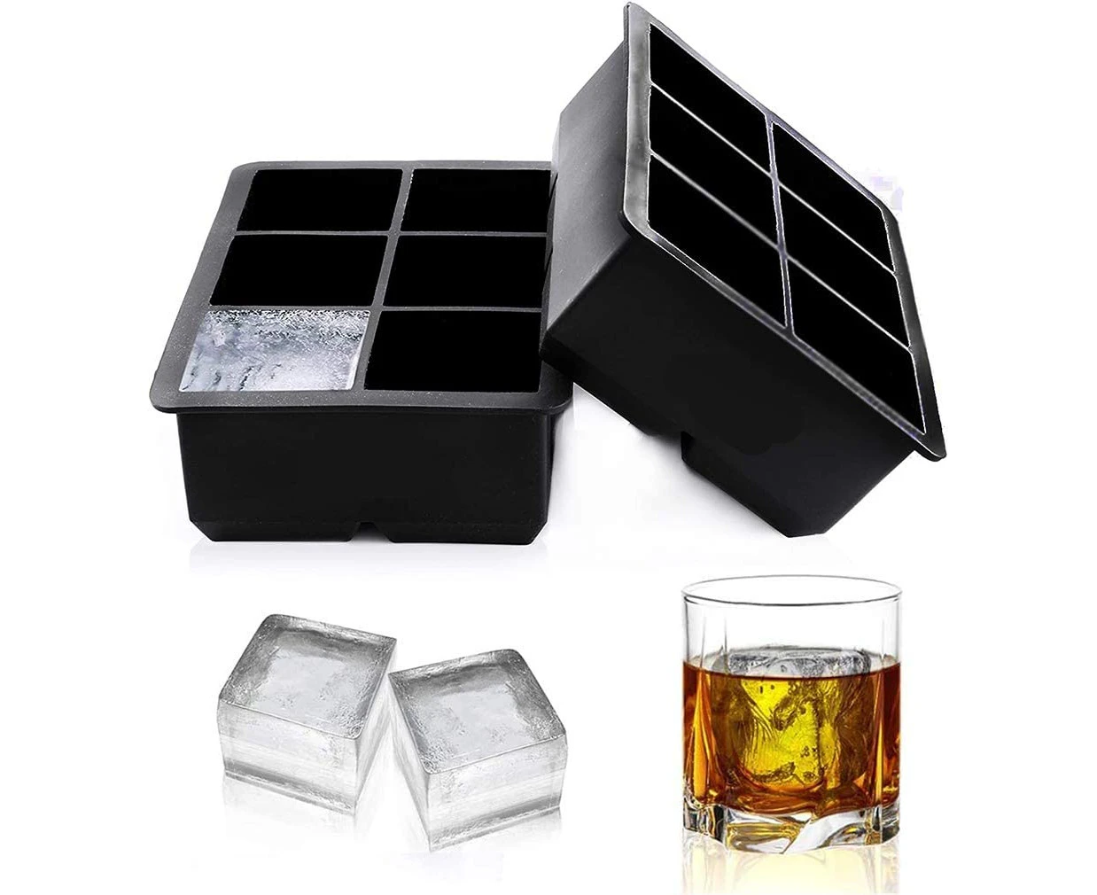 Ice Cube Trays Large Size Flexible 6 Cavity Ice Cube Square Molds For Whiskey And Cocktails, Keep Drinks Chilled (2 Pcs)