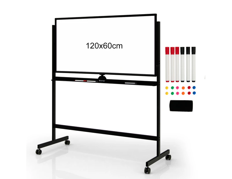 Costway Double-Side Whiteboard Mobile ic White Board Adjustable Heights w/Markers 120x60cm Black