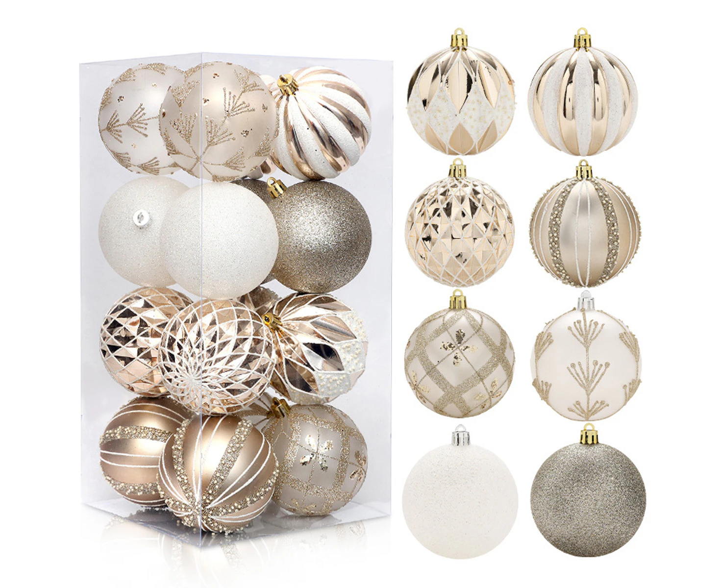 8cm Christmas Balls Ornaments, 16pcs Shatterproof Colorful Glittering Baubles Set Xmas Tree Pendants Holiday Party Balls Decoration champagne gold