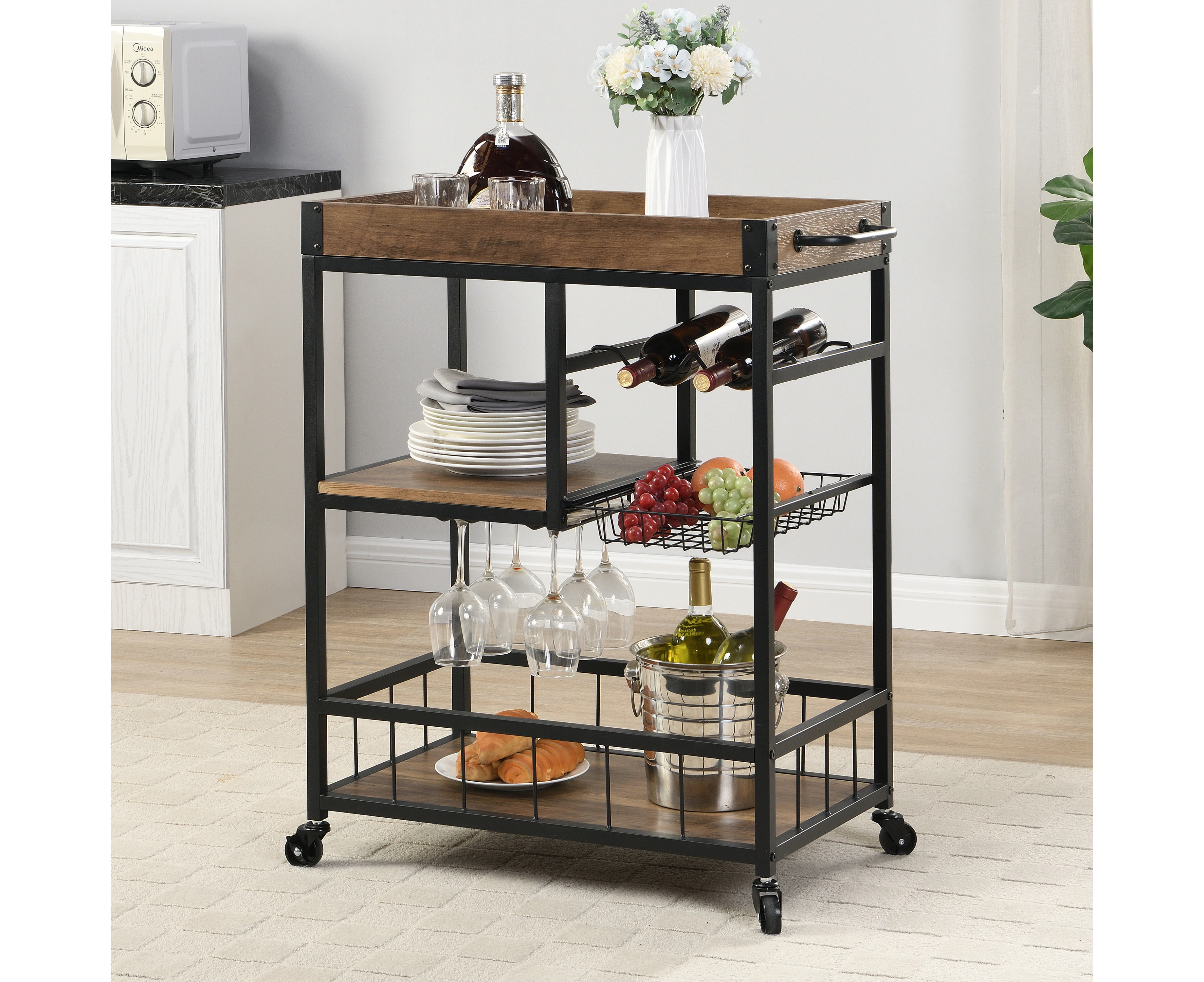 IHOMDEC Industrial 3-Tier Bar Cart Trolley with Glass & Wine Holder Rustic Brown