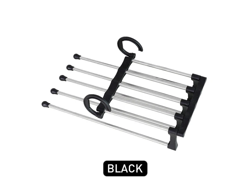 （Black）5 in 1 Stainless Steel Pants Rack Hanger Wardrobe Shelves Magic Multi Functional