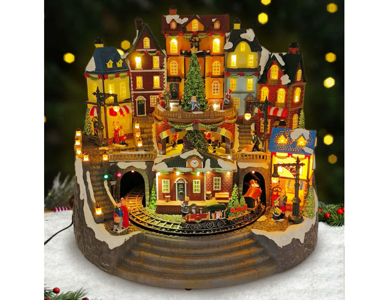 Large Animated Christmas Village Train Station Building Xmas Tree Musical LED Light-up