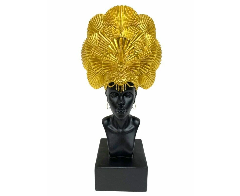 39cm African Bust Gold Head Fan Home Decor Statue Figurine Garden Sculpture Gift