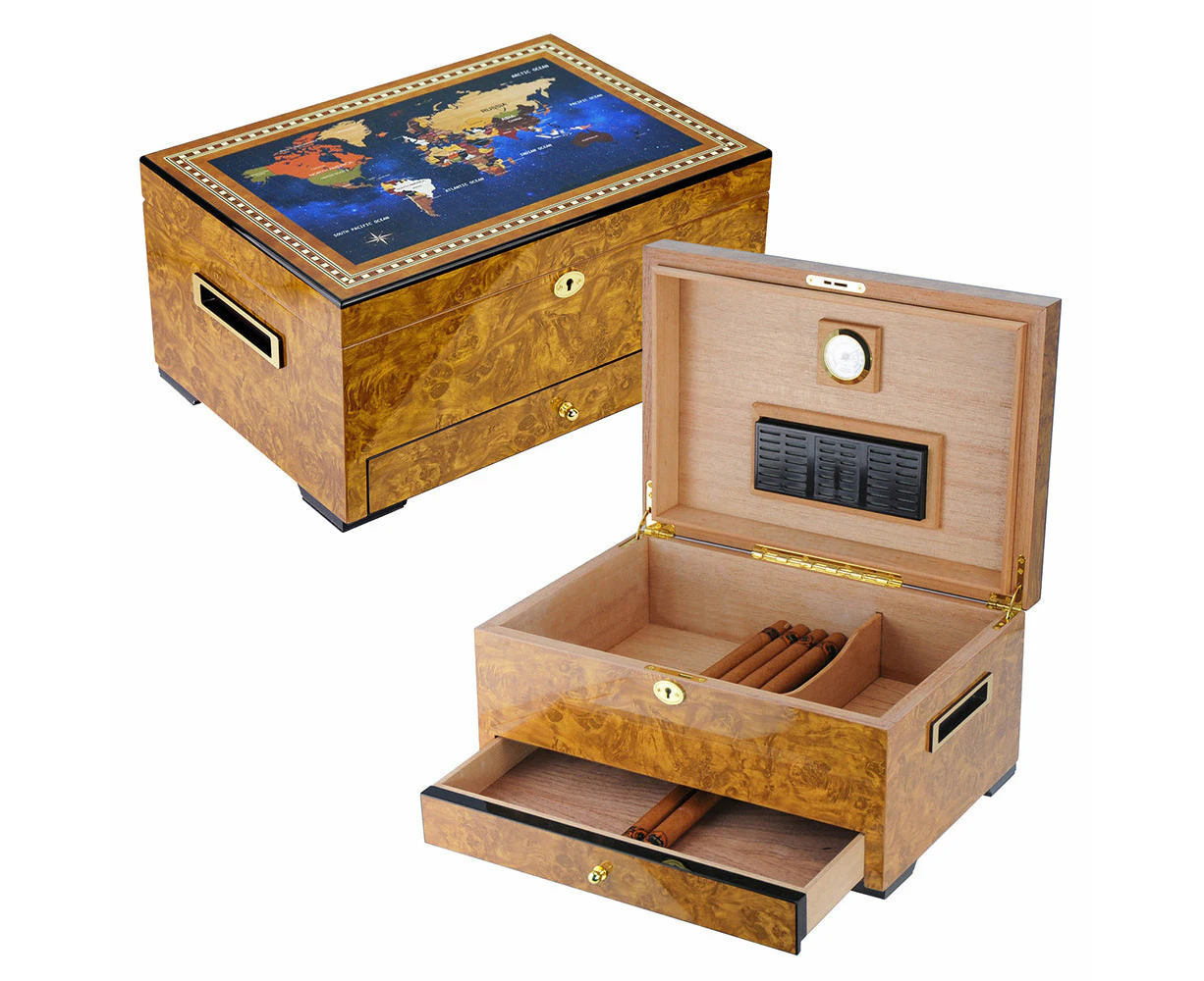 Luxury Cigar humidors World Map glossy Golden Oak Spanish cedar cigars box 18b