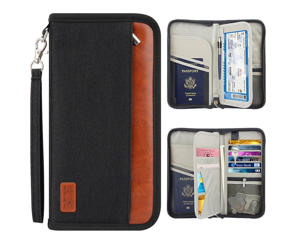 Large Capacity Passport Holder Wallet Travel Passport Bag ID Holder Zipper Closure Removable Wristband RFID Blocking,Black