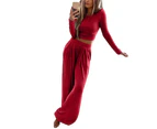 Women Ladies Loungewear Homewear Pyjama Set Long Sleeve T-Shirt Top Wide Leg Pants Trousers Tracksuit Sets - Red