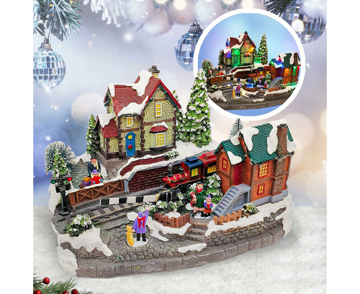 Animated Christmas Village with Train Station Musical Light-up Snowy Scene