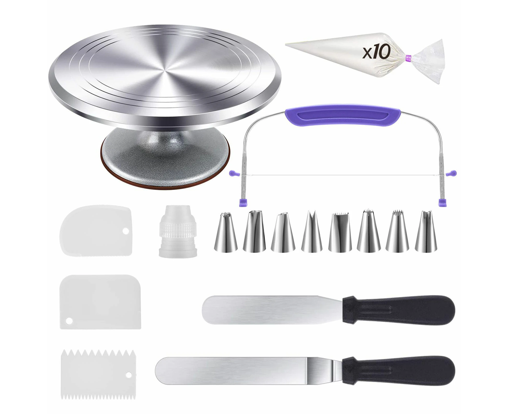 30cm Cake Turntable Stand 26Pcs Decorating Kit Supplies Baking Tools Rotating Stand Icing Piping Nozzle Spatula Cutter Pastry Bag Scraper Aluminium