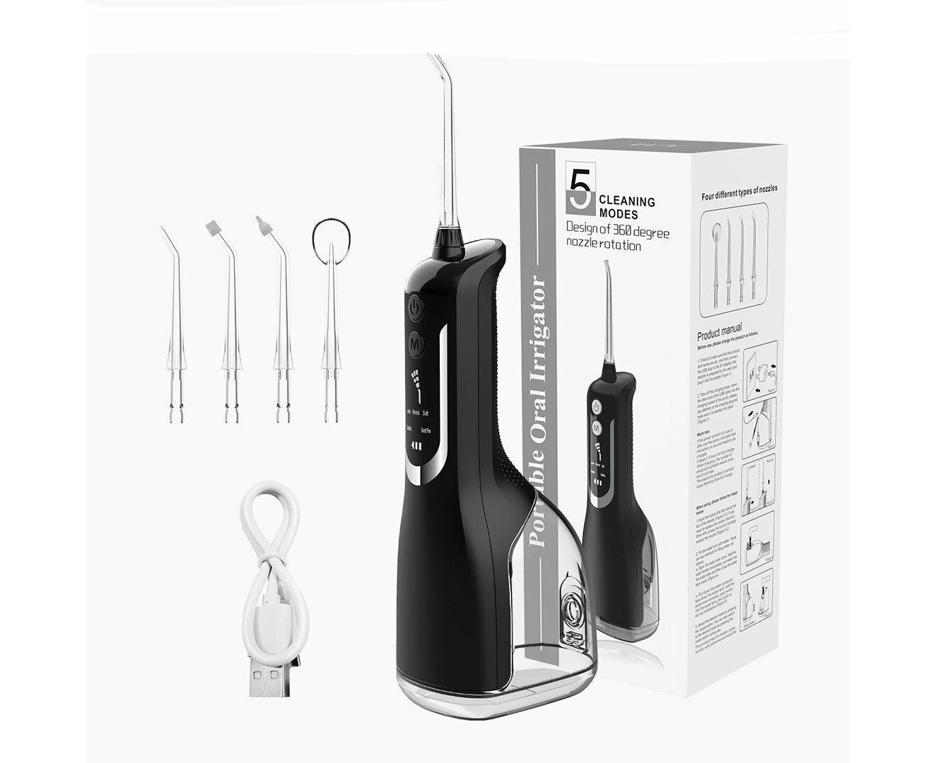 Portable Oral Irrigator Rechargeable Dental Water Jet Flosser Intelligent Large Display 360 degree Nozzles for Teeth Clean - Black