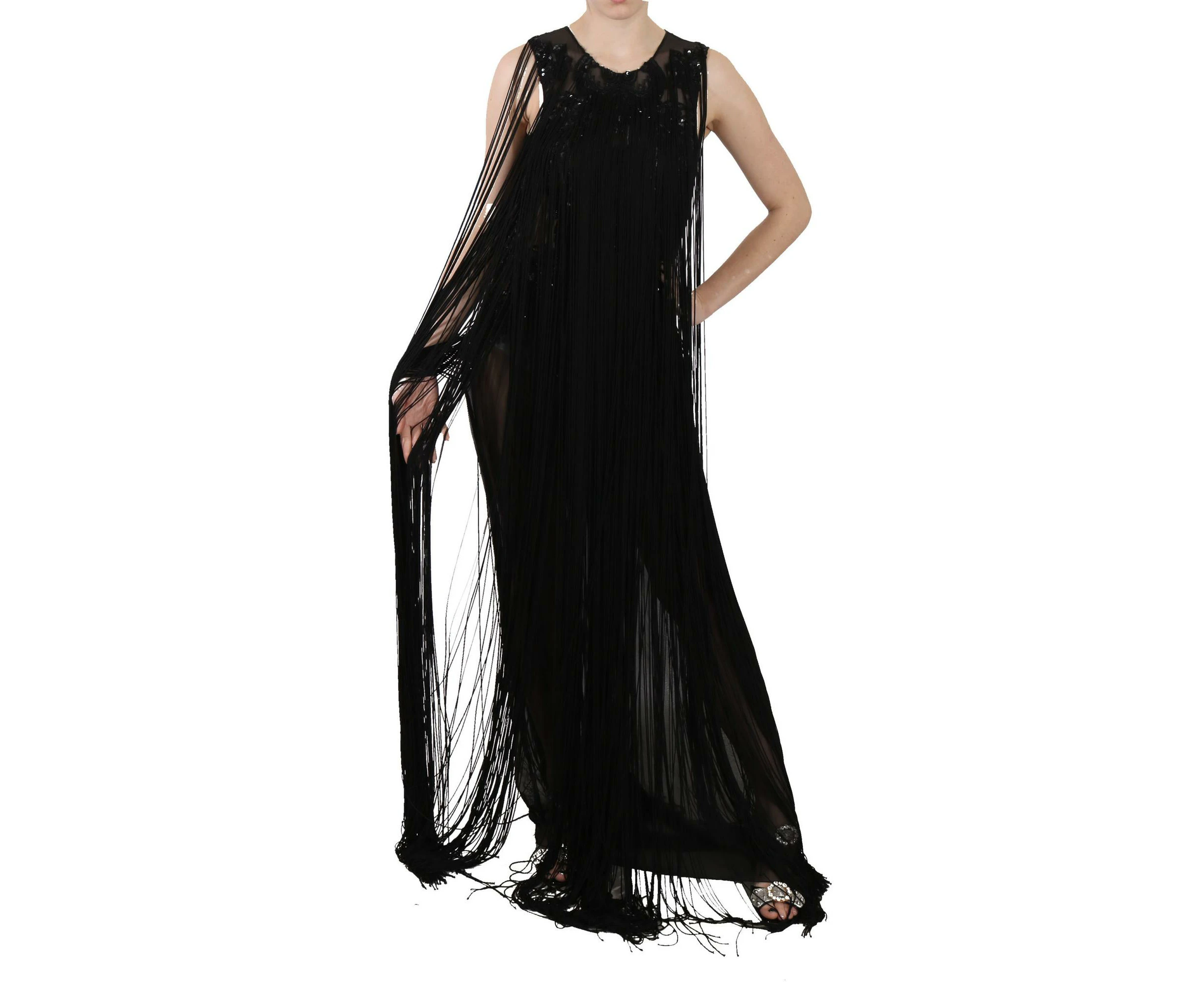 Sequined Sheer Maxi Dress with Back Zipper Closure - Black