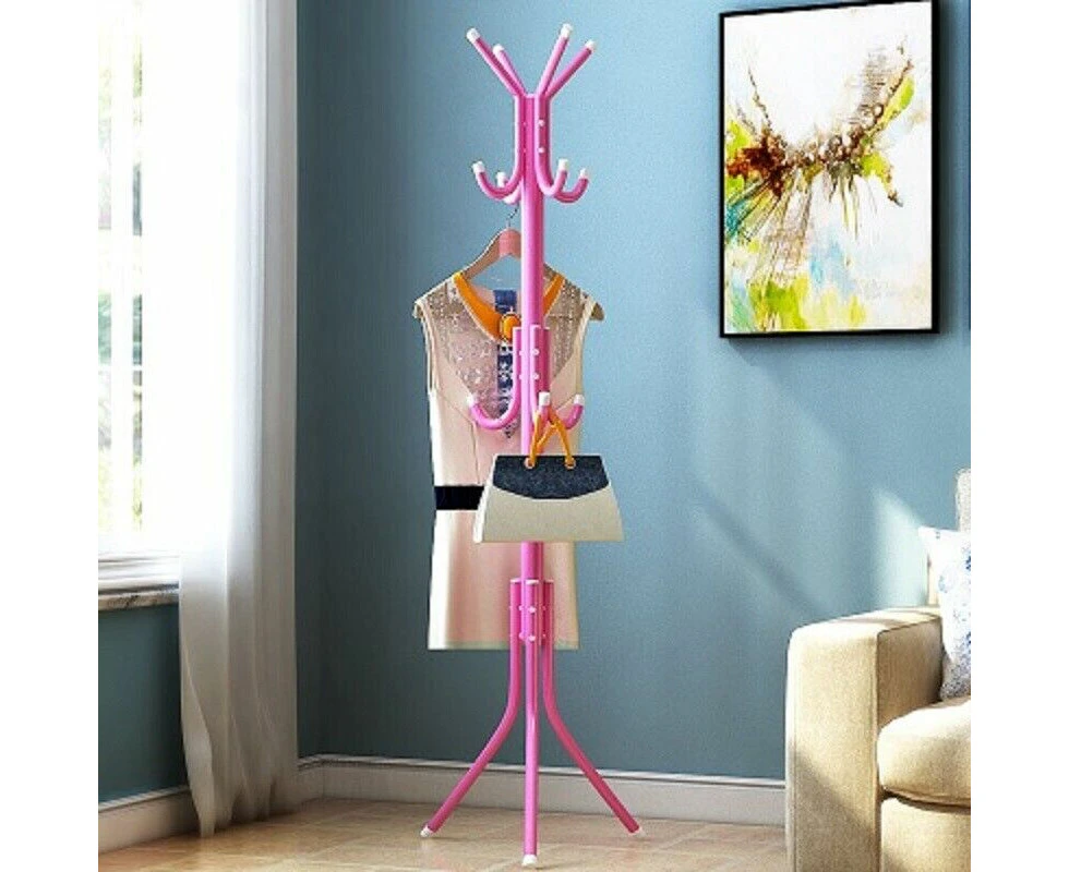 （Pink）12 Hook 3-Tier Hat Coat Clothes Rack Umbrella Stand Tree Style Steel Hanger New