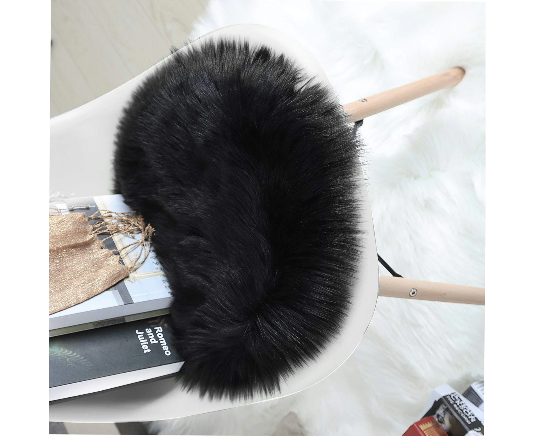 Round Faux Fur Sheepskin Chair Cover Seat Cushion Super Soft Area Rugs for Living Room Bedroom Sofa Black 1.3ft x 1.3ft