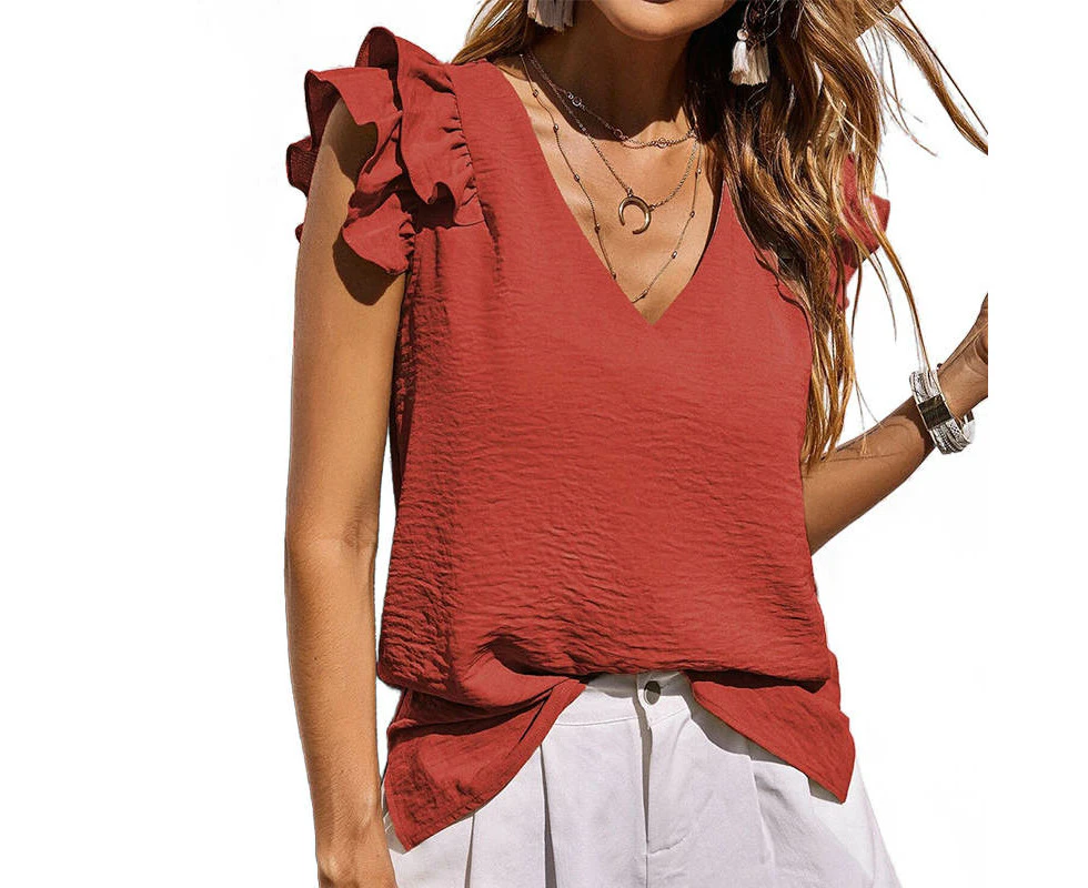 Lookbook Womens Casual Ruffle Sleeve Summer Tops V Neck Tank Tops Shirts-Red