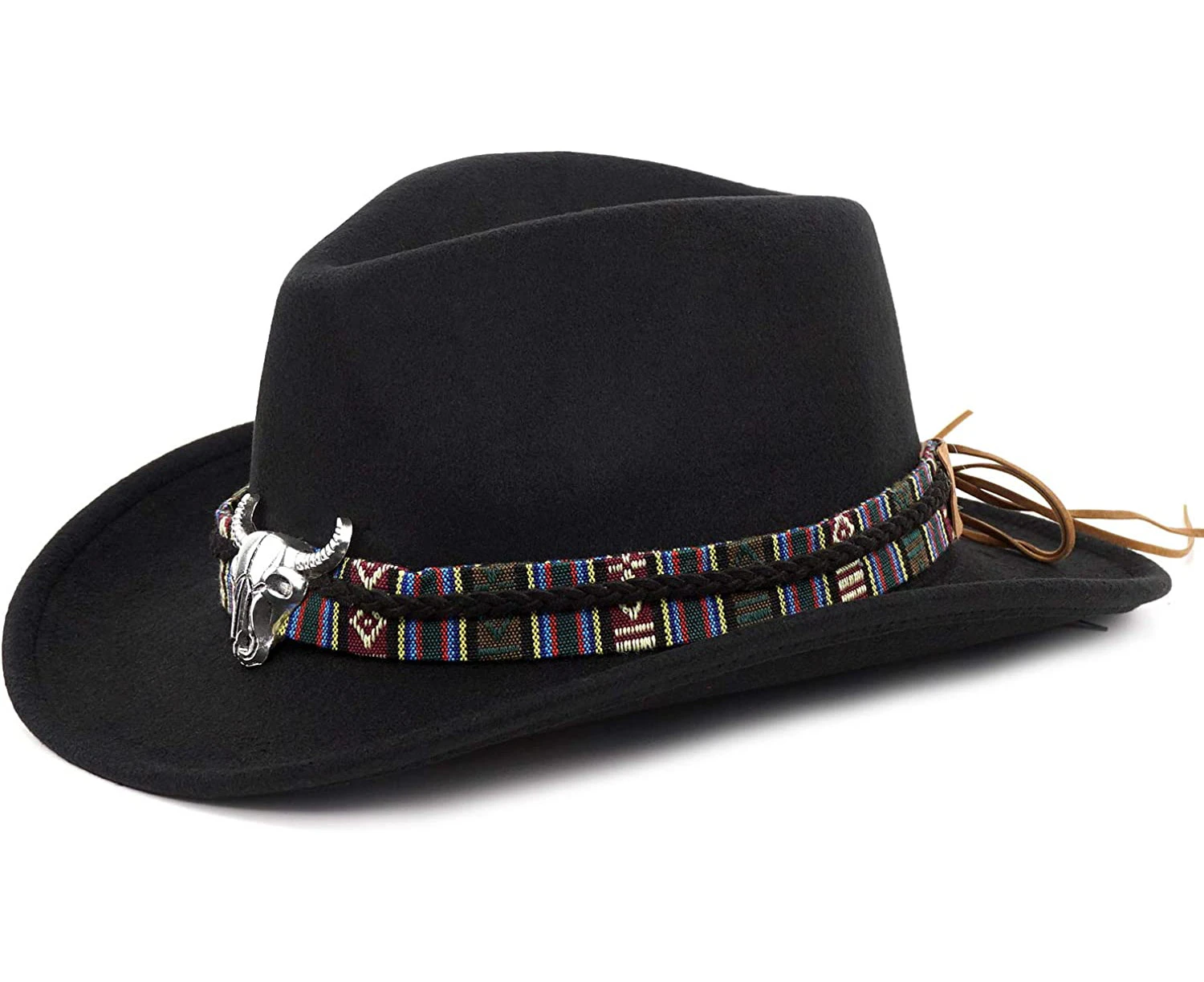 Unisex Crushable Cowboy Hat Western Cowgirl Outback Hat Cattleman Fedora with Braided Band and Bull SkullBlack