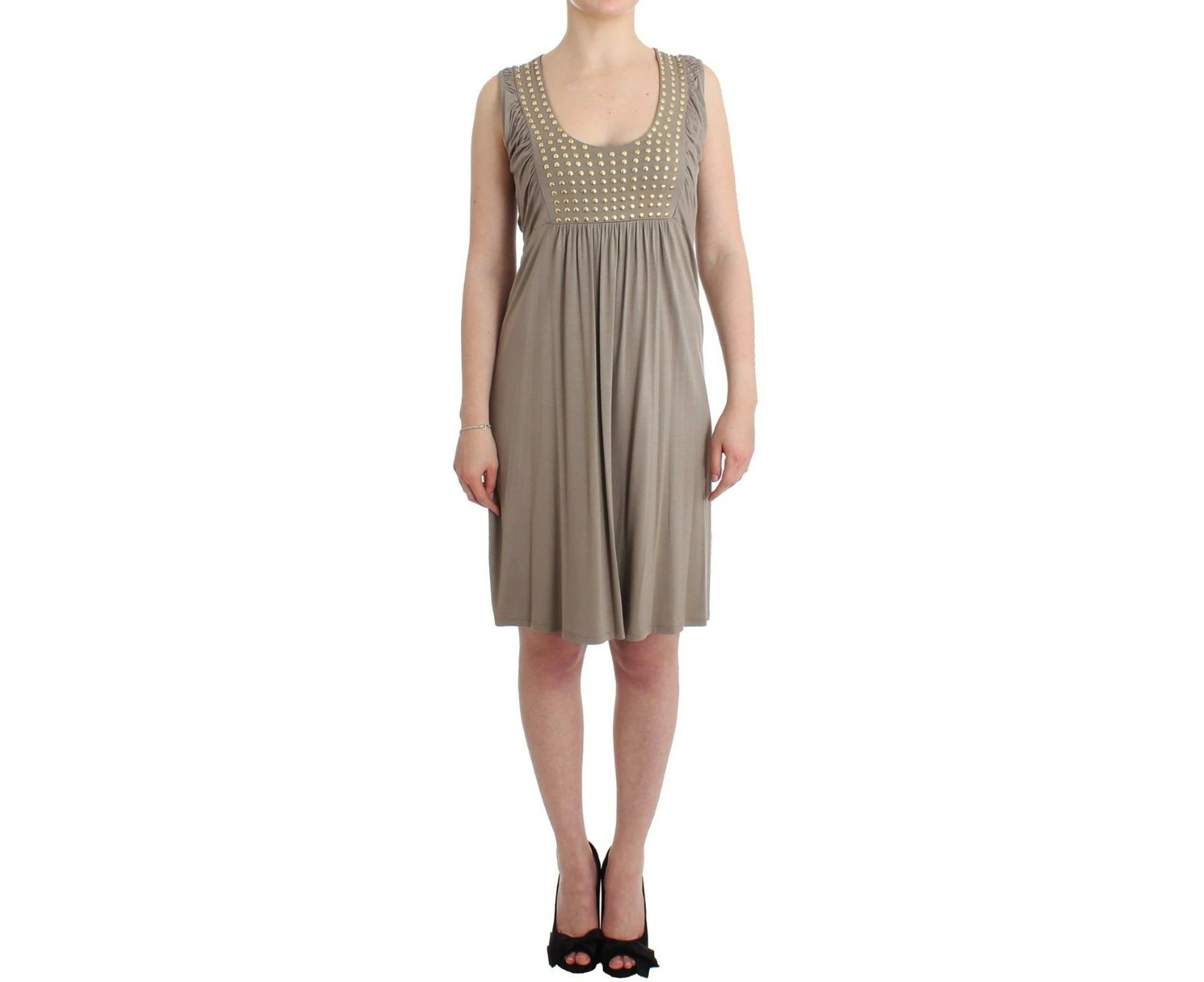 Stylish Sleeveless Khaki Dress with Studded Detailing - Beige