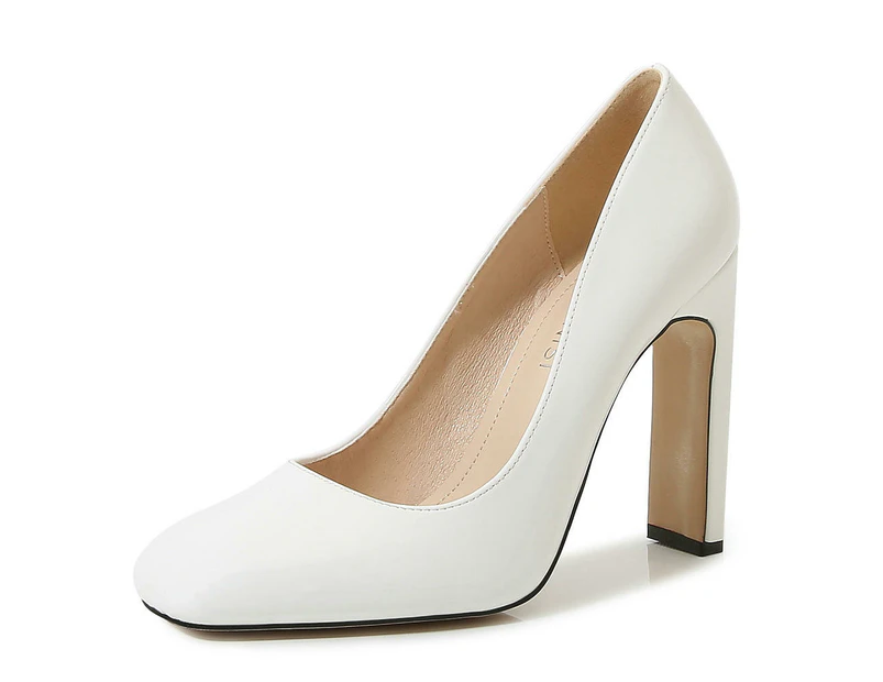 Chunky High Heel Square Closed Toe Pump Shoes for Women-white