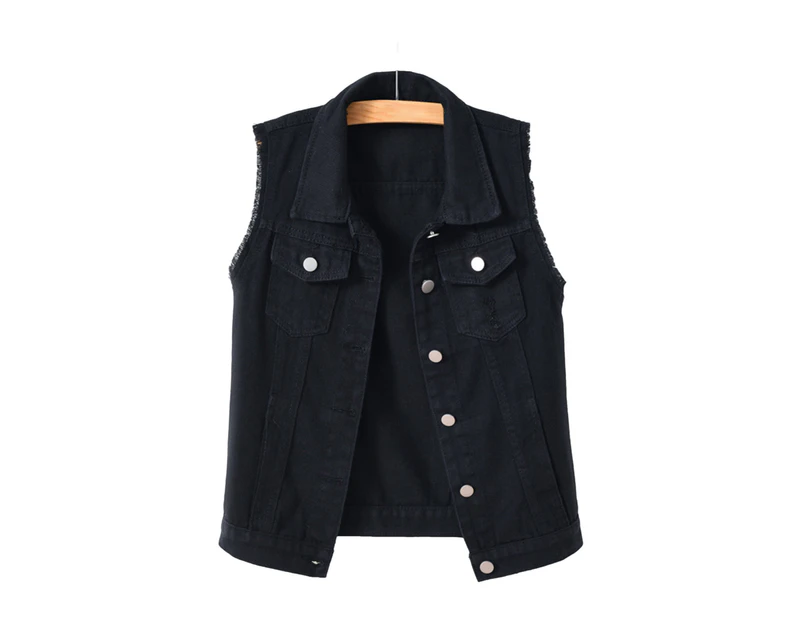 Lapel Sleeveless Single Breasted Flap Pockets Women Waistcoat Candy Color Ripped Holes Denim Vest Coat Streetwear - Black