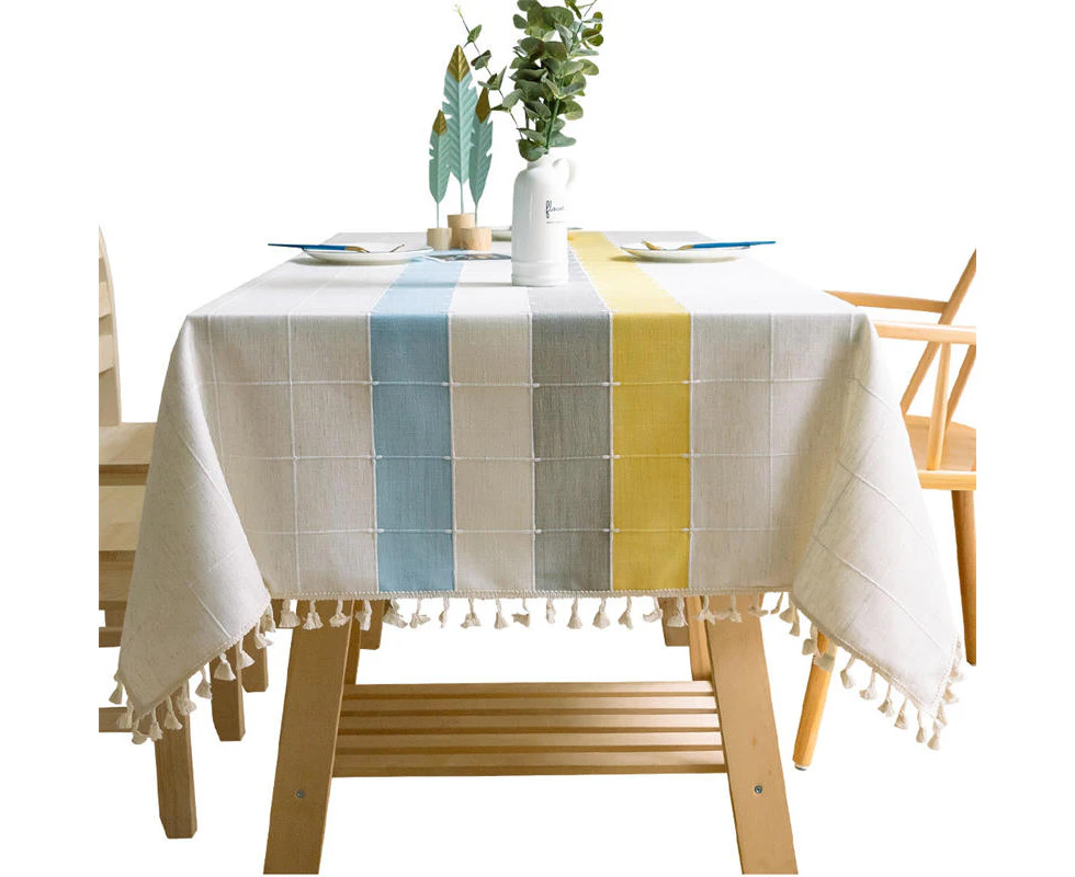 Toscano Embroidery Tassel Tablecloth Cotton Linen Dust-Proof Table Cover for Party Home Tabletop Decoration-BlueYellow