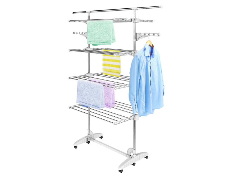 Todeco Clothes Drying Rack,4 Tier Foldable Laundry Drying Rack with Extended Top Bar, Clothes Airer with 2 Extra Adjustable Dry Rail Hanger,w/6 Casters