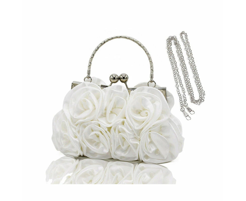 Tenpell Roses Clutch Purse Satin Money Clip Evening Handbag-White