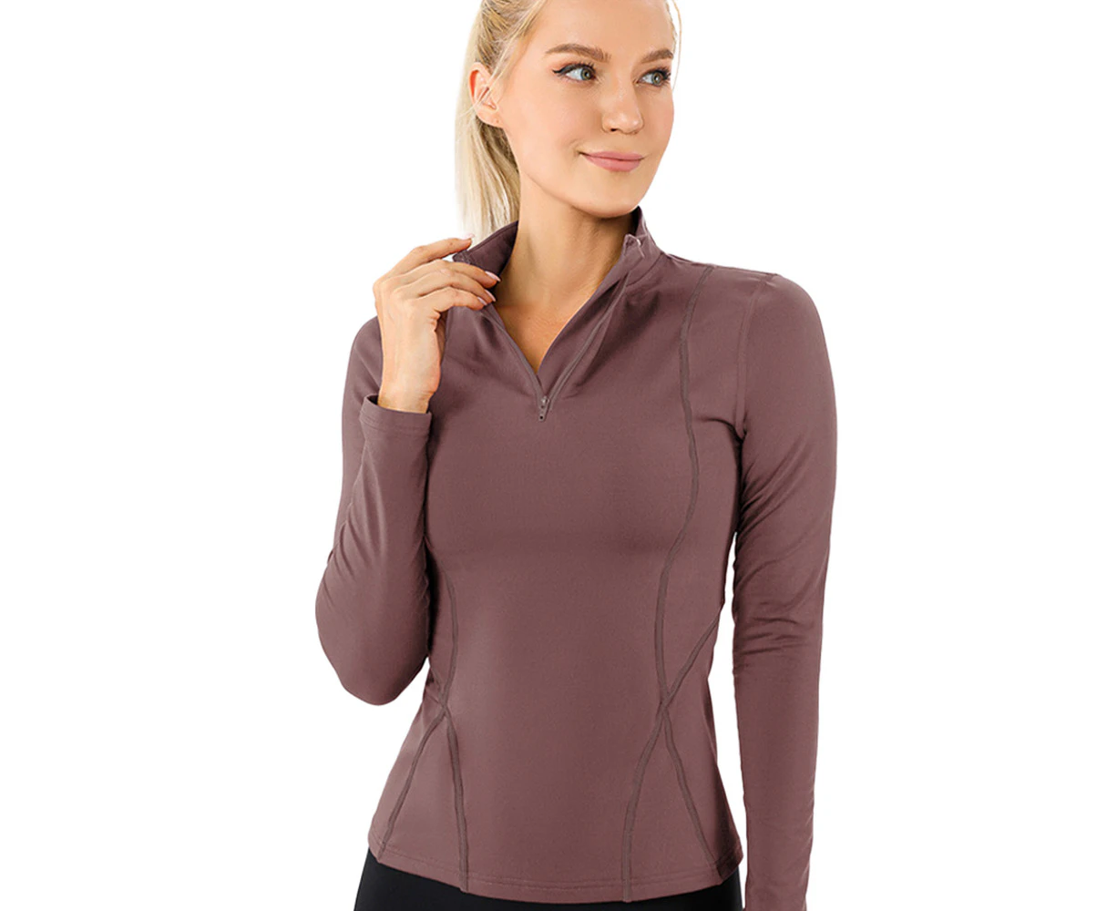 Women's Winter Plush Fitness Running Yoga Long Sleeve Elastic Tight Sweatshirt Wear - Reddish-brown