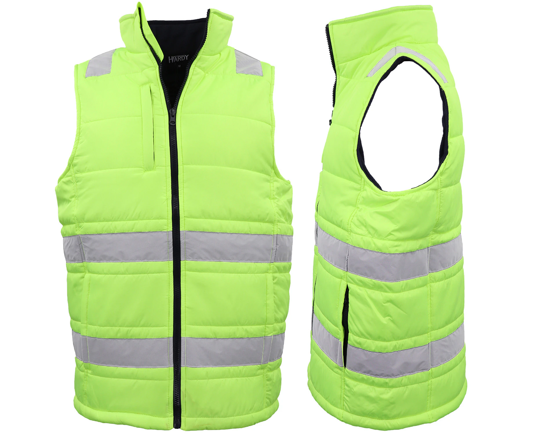 Hi Vis Puffer Workwear Vest Zip Up w Reflective Tape Quilted Puffy Tradie Jacket - Fluro Yellow