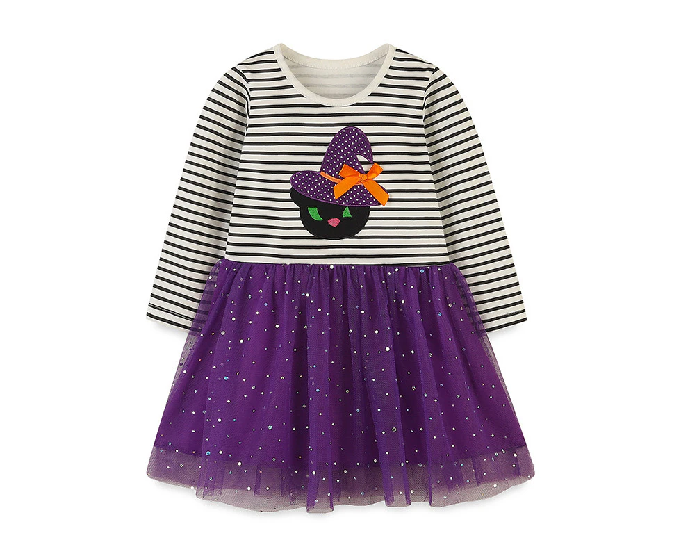 Baby and Girls Halloween Dress Cute Cotton Shirt Dress Baby Toddler Infant Princess Skeleton Skull Pumpkin Dress-Purple