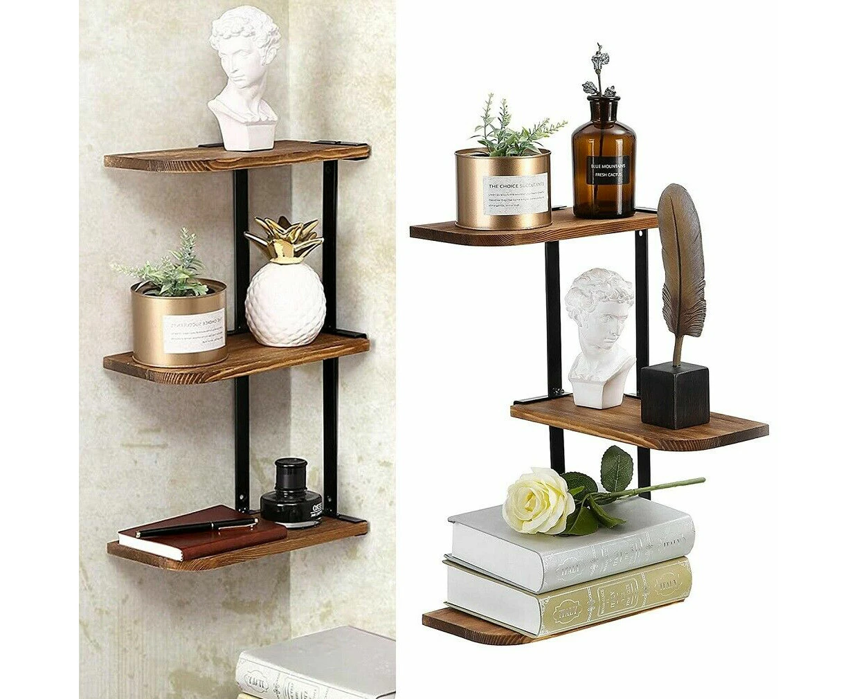 3 Tier Wooden Corner Wall Shelf Deco Rustic