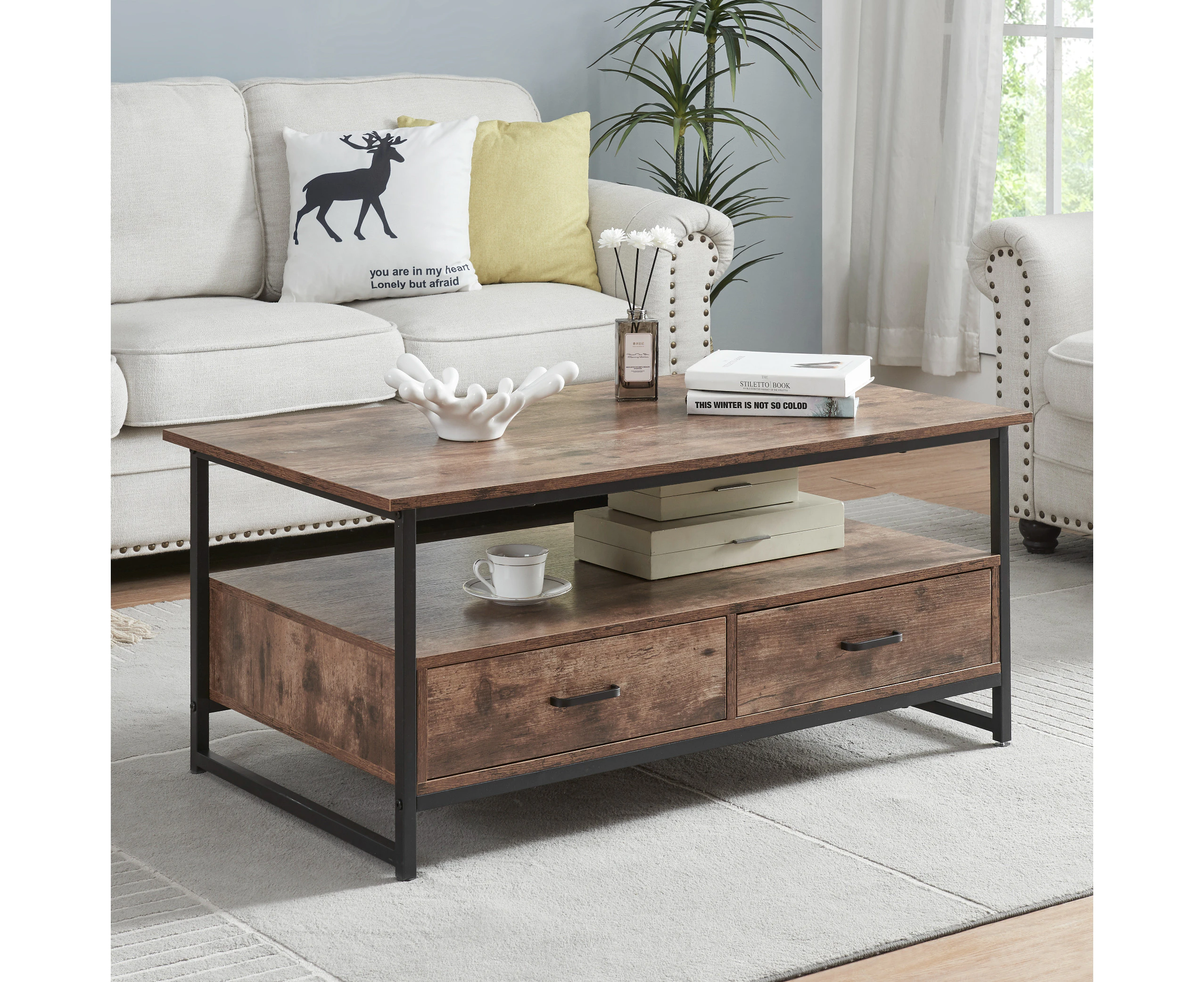 HLiving Rectangular Farmhouse Coffee Table with Open Storage Shelves and 2 Drawers,Cocktail Table with Metal Frame,Rustic Brown