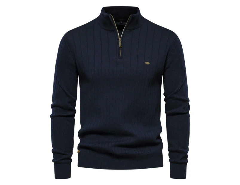 Mens Quarter Zip Sweater Ribbed Trim Men's Lightweight Turtleneck Knit Sweater-Tibetan blue