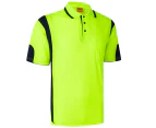 HI VIS Polo Shirts Short Sleeve Work Tops Tee Tradie Safety Workwear Reflective - Fluro Yellow / Navy