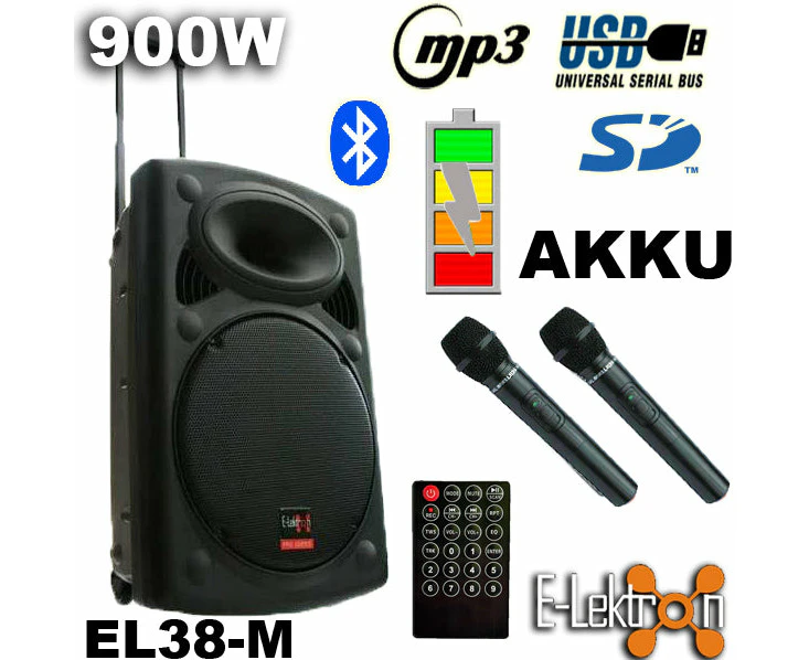 E-Lektron EL38-M 15" inch Mobile PA Bluetooth Speaker Rechargeable Sound System w/ 2 wireless Microphone