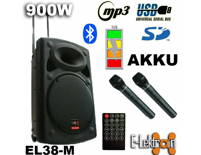 E-Lektron EL38-M 15" inch Mobile PA Bluetooth Speaker Rechargeable Sound System w/ 2 wireless Microphone