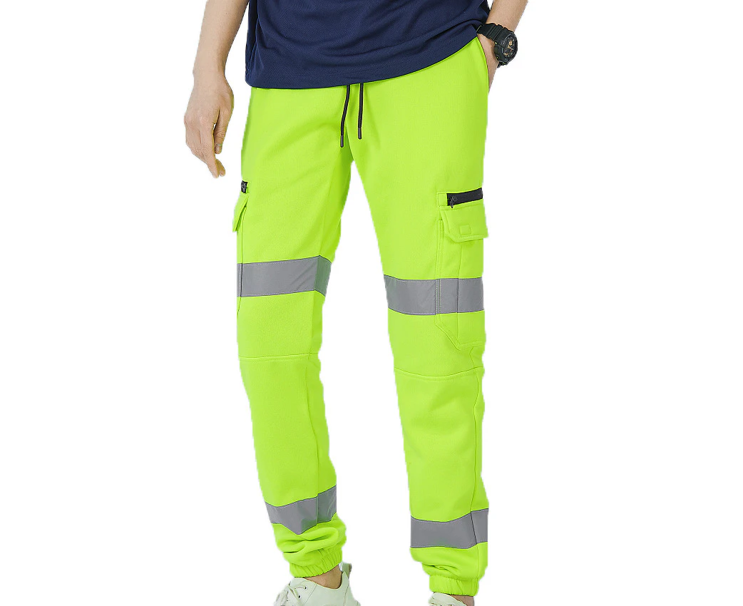 Mens Hi Vis Fleece Pants Reflective Tapes Cargo Workwear Safety Track Trousers - Fluro Yellow