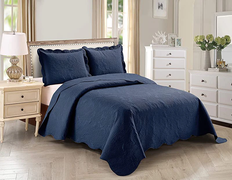 (King/Cal King, Navy Blue) - Home Collection Over Size Elegant Embossed Bedspread Set Light Weight Solid Colour New (Navy Blue, King/Cal King)