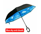 Windproof Upside Down Reverse Umbrella Double Layer Inside-Out Inverted C-Handle - Blue Sky and White Clouds