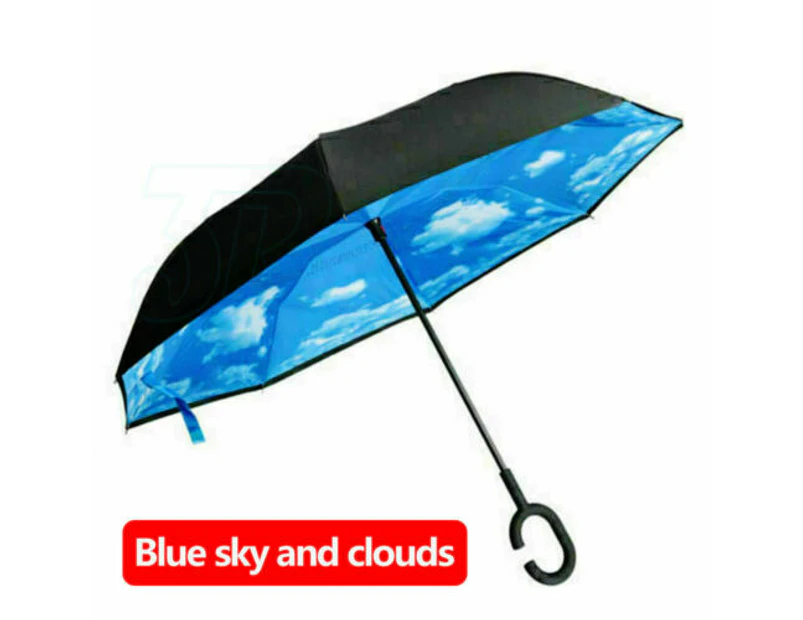 Windproof Upside Down Reverse Umbrella Double Layer Inside-Out Inverted C-Handle - Blue Sky and White Clouds