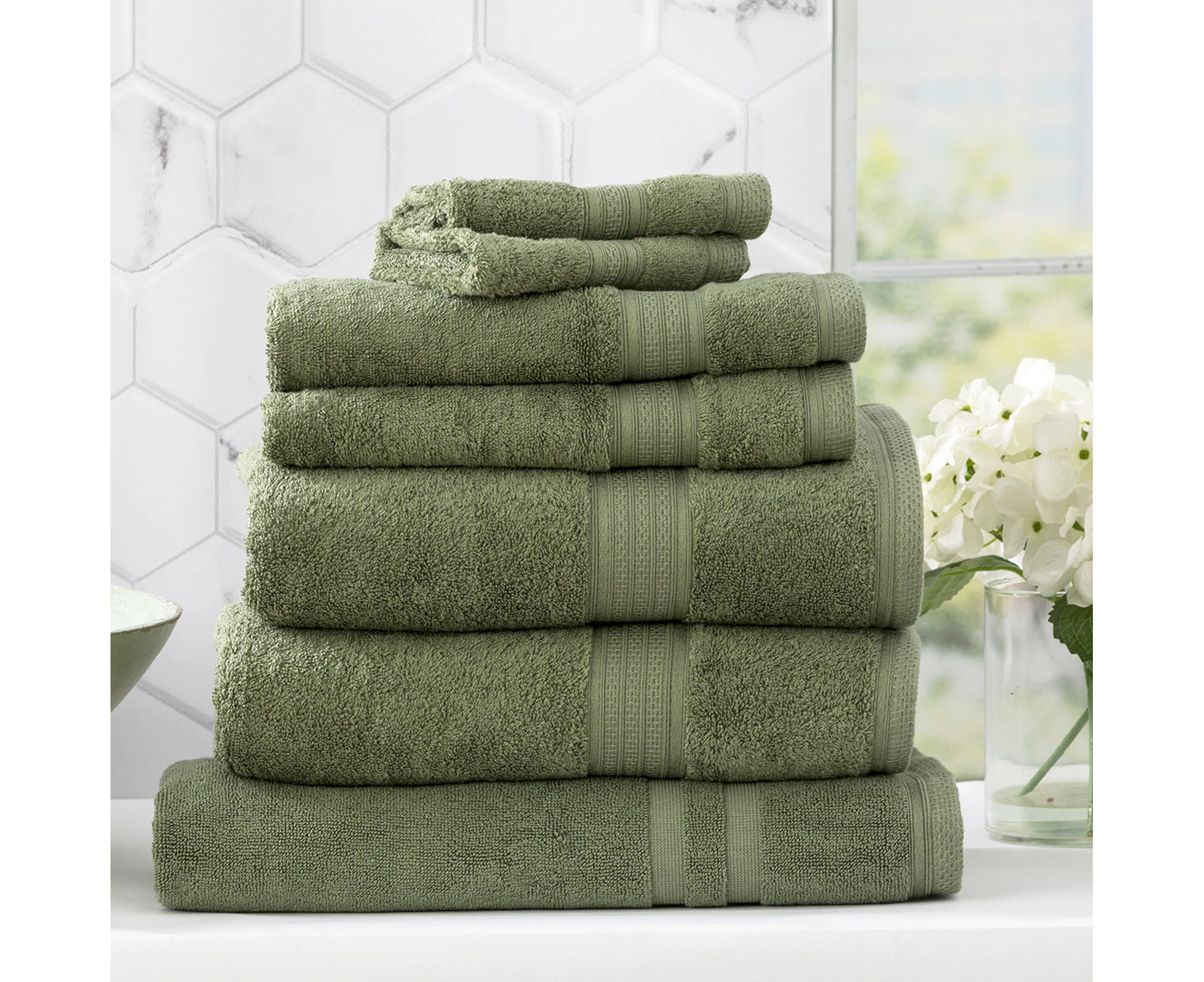 Renee Taylor 7 Piece Stella Bamboo Cotton Towel set 650 GSM Jade By Cloudlinen