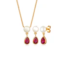 Elli Jewelry Women's Drop Pendant Set Ear Hanger with Freshwater Pearls And Synth. Ruby in 925 Sterling Silver Gold Plated Jewelry Set - Dark Red - Gold
