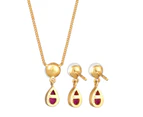 Elli Jewelry Women's Drop Pendant Set Ear Hanger with Freshwater Pearls And Synth. Ruby in 925 Sterling Silver Gold Plated Jewelry Set - Dark Red - Gold