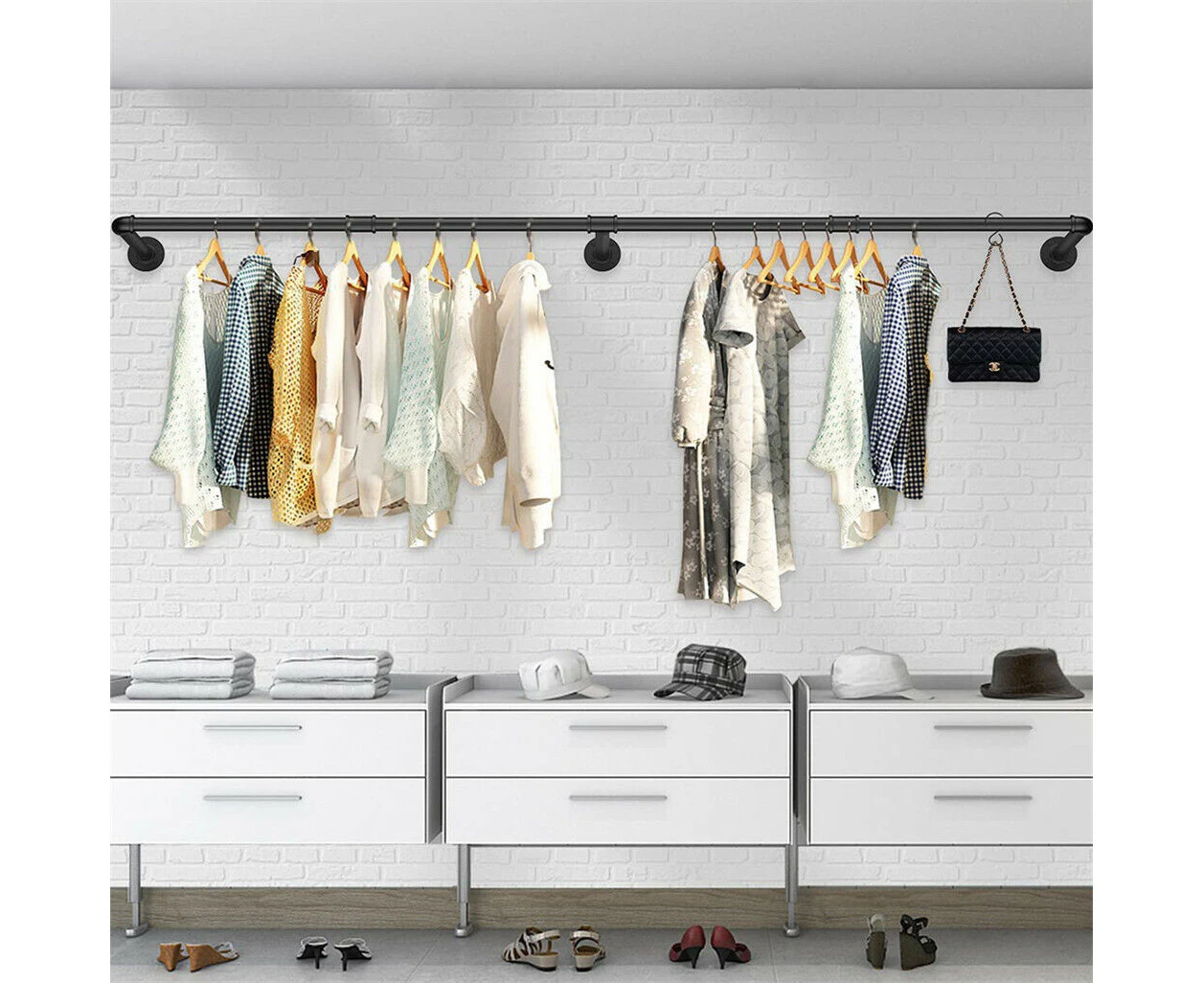 Super Long Garment Rail Industrial Vintage Pipe Clothes Rack Wall Floating Shelf