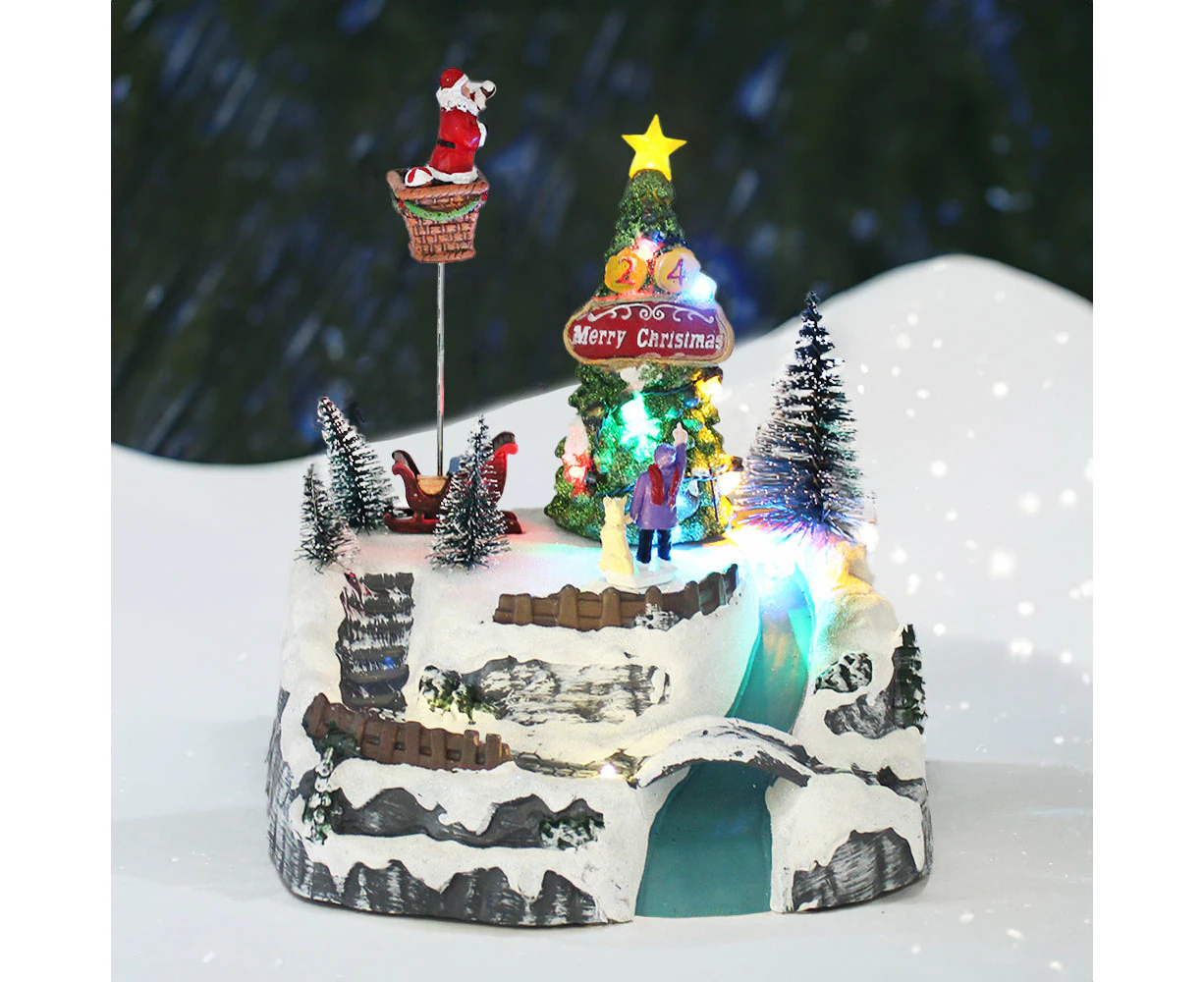 Christmas Village Snowy Hillside Animated Santa Christmas Tree LED Lights Music