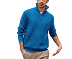 Mens Quarter Zip Sweater Mock Neck Lightweight Turtleneck Knit Sweaters for Men with Ribbed Edge-blue