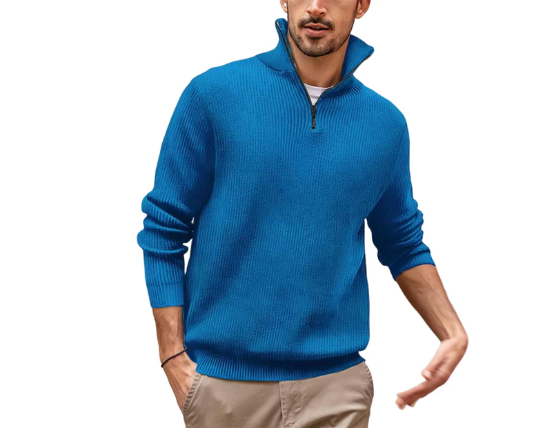 Mens Quarter Zip Sweater Mock Neck Lightweight Turtleneck Knit Sweaters for Men with Ribbed Edge-blue