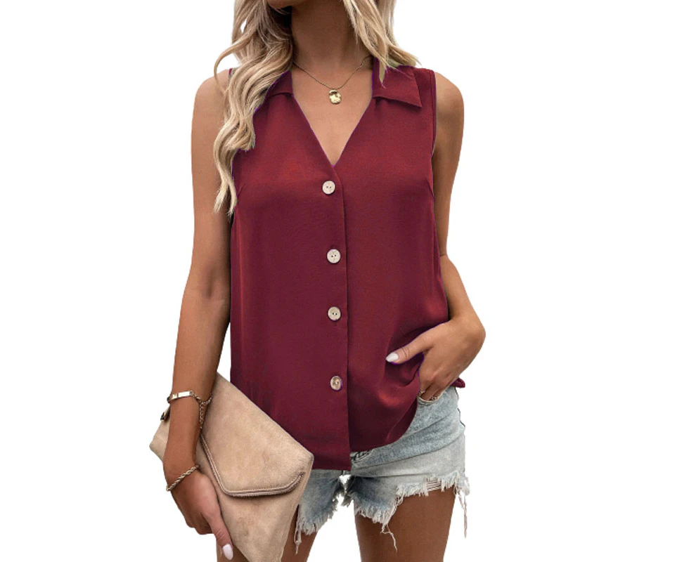 Womens Sleeveless Collar Tank Shirt - Wine Red