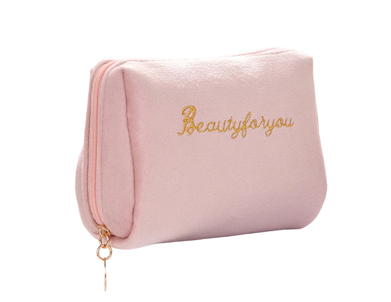 Women Cosmetic Bag Letters Embroidered Smooth Zipper Good Touch Velvet Korean Style Makeup Organizer Beauty Case for-Pink