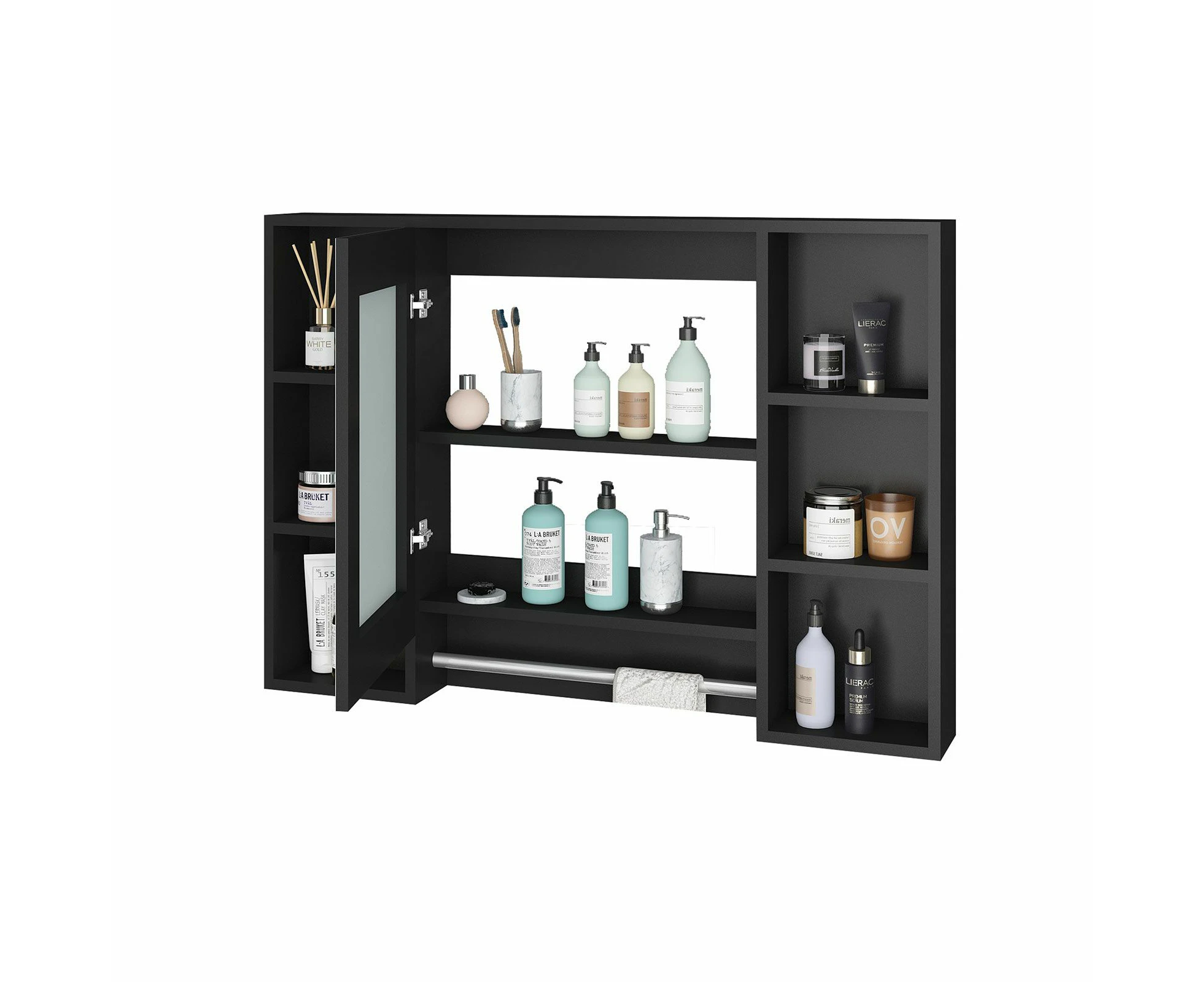 Bathroom Mirror Cabinet Storage Medicine Shelves Shaving Wall Cupboard Organiser Floating Vanity With Door Black