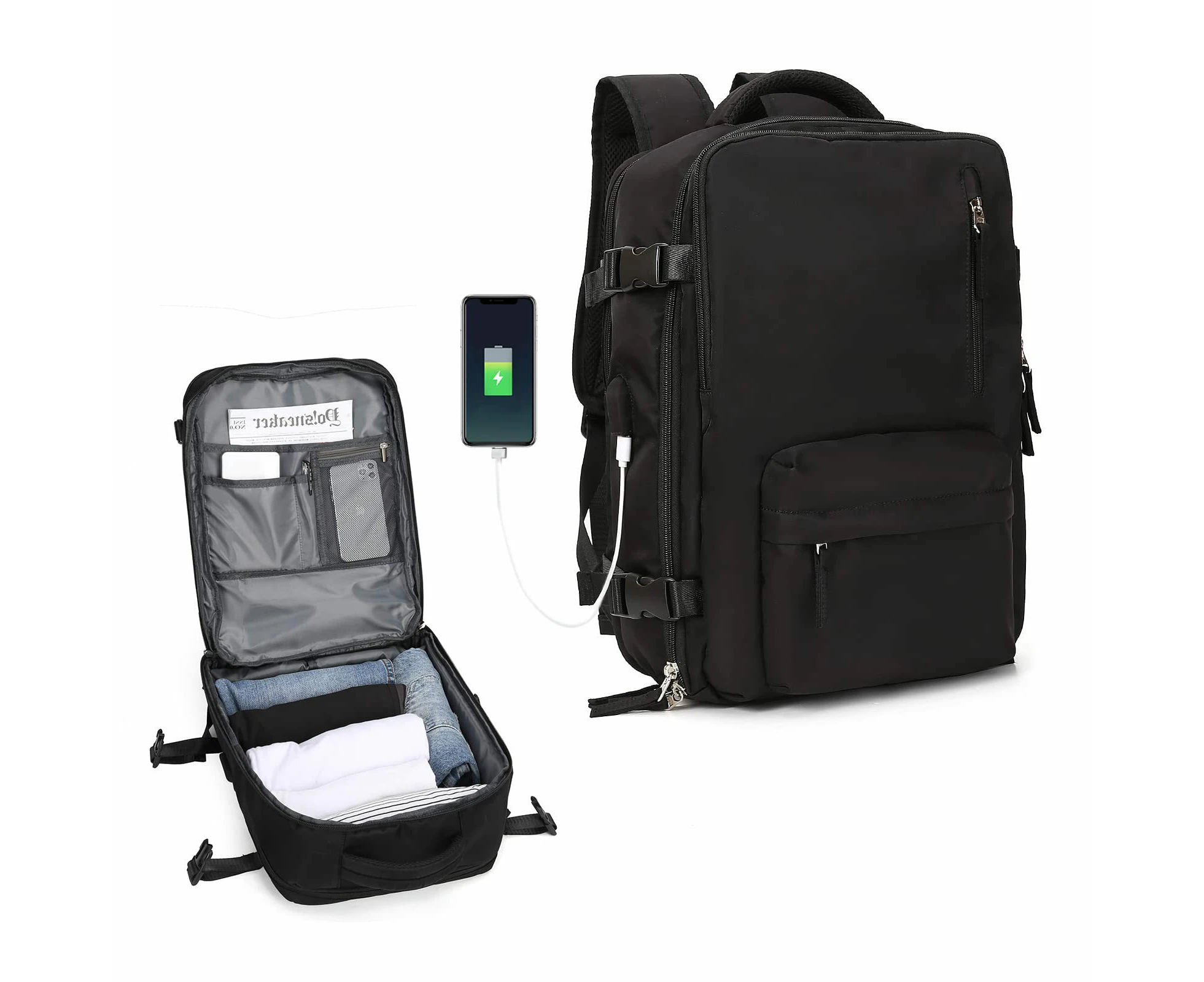 Carry On Backpack Travel Backpack Hiking Backpack Fit 14 Inch Laptop with USB Charging Port Shoes Compartment,Black