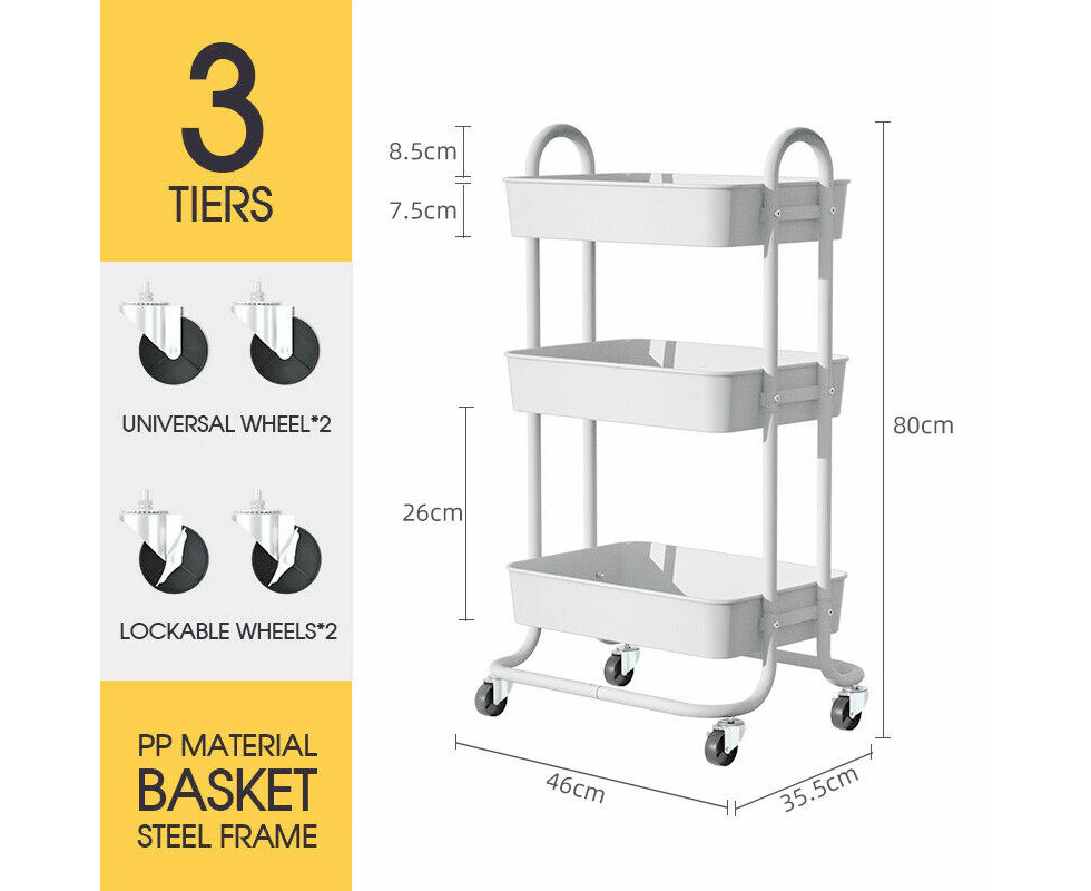 （White）3 Tiers Kitchen Storage Trolley Cart Steel Rack Shelf Organiser Wheels