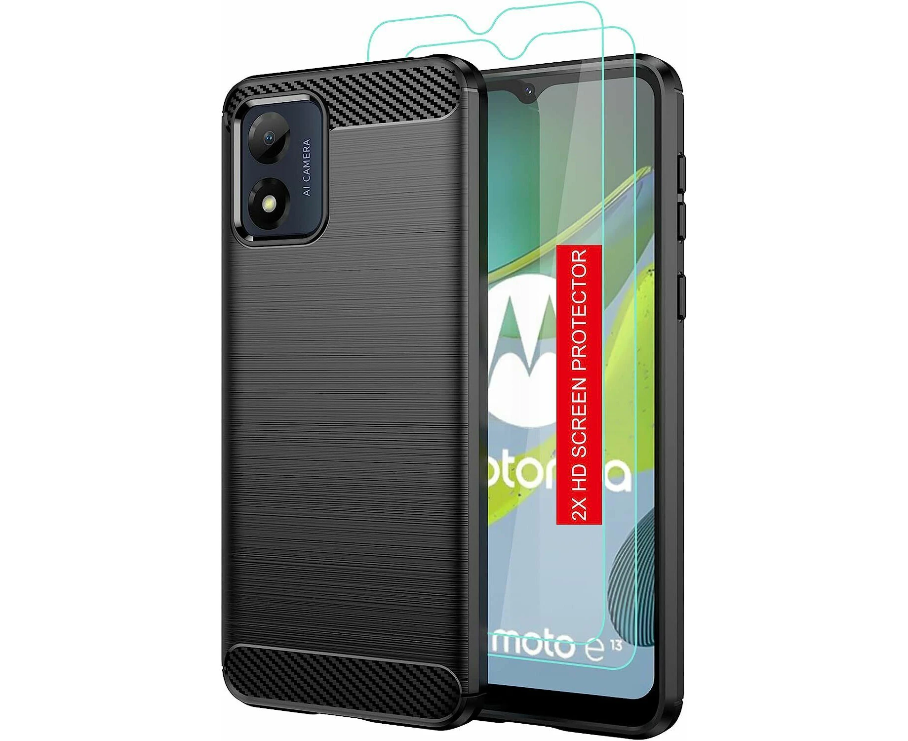 For Moto G14 4G Heavy Duty TPU Cover Anti Knock Black Case With 2Pcs Tempered Glass Screen Protector